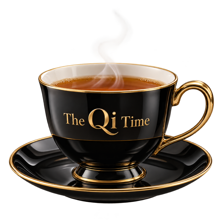 A black and gold porcelain teacup of steaming tea, inscribed The Qi Time